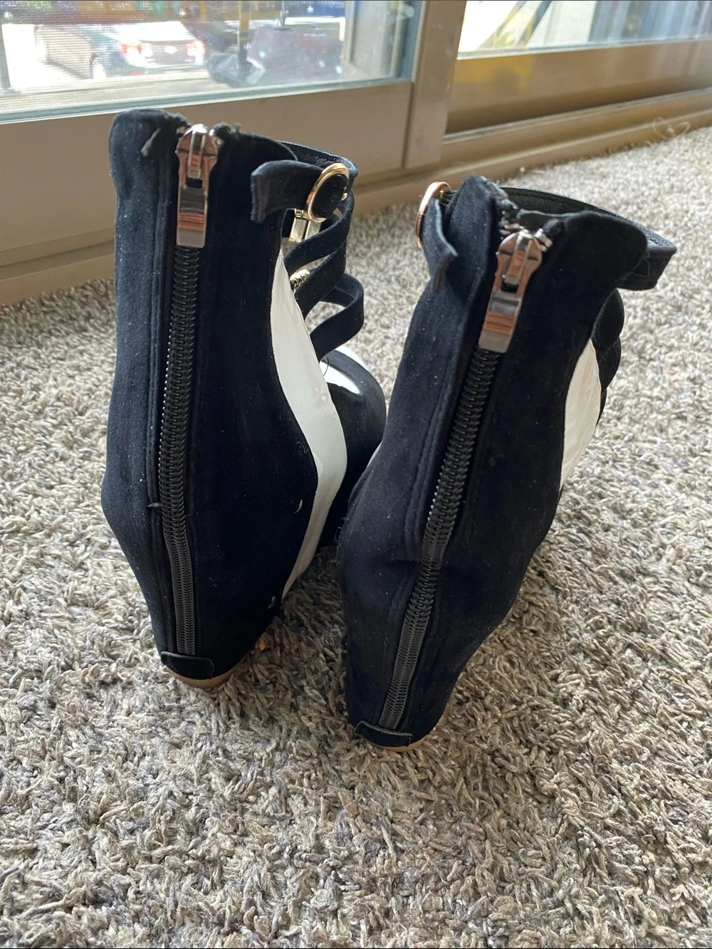 Fashion Nova Black and White Strappy Wedge Sandals